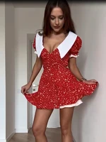 Red Floral Print Peter Pan Collar Dress Women Puff Sleeve V Neck Button Down A-line Mini Dress 2026 Lady Weekend Getaway Robe - Image 5