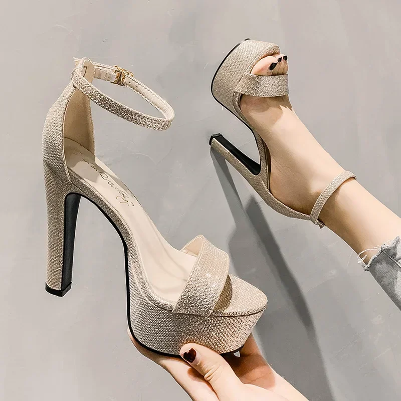 Sexy Party Pumps Open Toe Ankle Strap Heels Sequins Platform Sandals 2024 Trend Ladies Shoes 34 New Summer Women High Heels