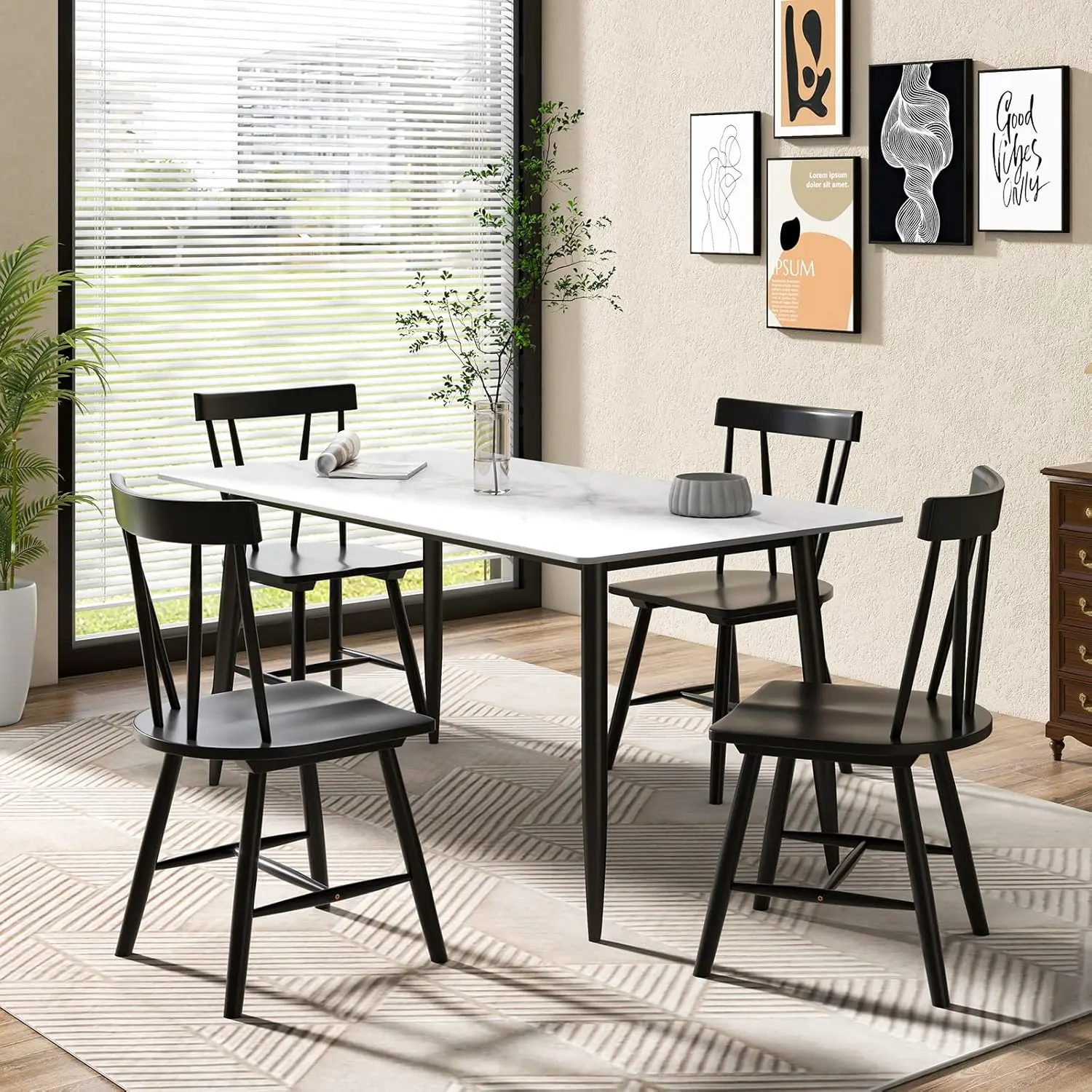 Set of 4 Windsor Chairs, Rubber Wood Dining Chairs with Spindle Back, Wide Seats, Anti-Slip Foot Pads,