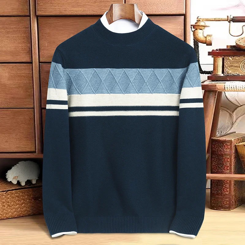 

2023 Autumn and Winter New Style Men's Thickened Jacquard Casual Sweater Fashion Splicing Warm Knit Male Brand