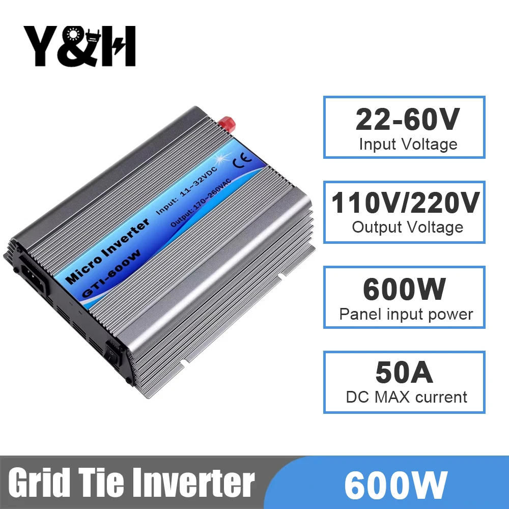 

Y&H 600W Grid Tie Micro Solar Inverter MPPT Pure Sine Wave Converter DC30-55V PV Input AC120V/220V for Solar Power System