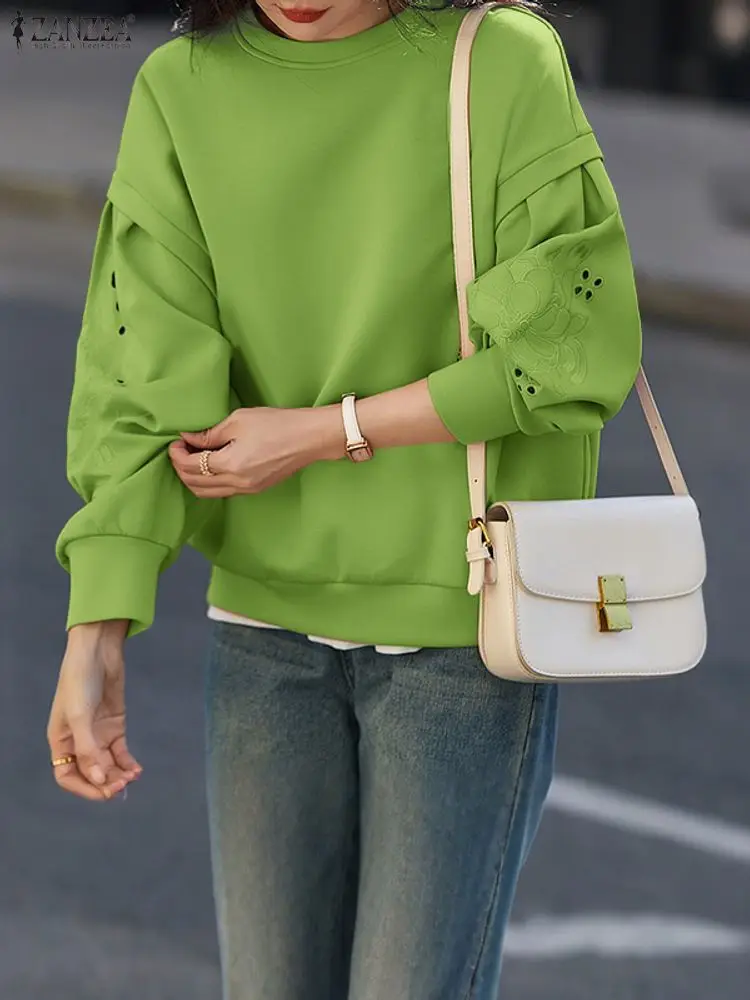 ZANZEA Autumn Sweatshirts Women Long Sleeve Embroidery Pullovers Casual Solid O-Neck Fashion Sweatshirt 2025 Winter Outerwear