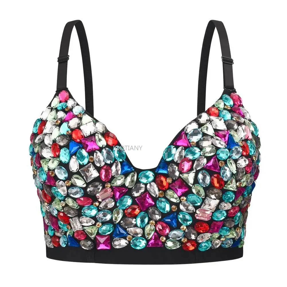 

2024 Nightclub Sexy Colorful Diamond Bra For Women Breathable Simple Performance Clothing Hand-sewn Stage Performance Bustier