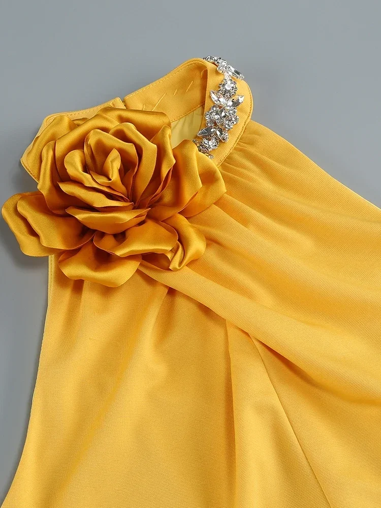 Sexy Halter Crystal 3D Flower Long Dress Women Yellow Shiny Diamonds O Neck Sleeveless Split Slim Dresses Evening Party Occasion