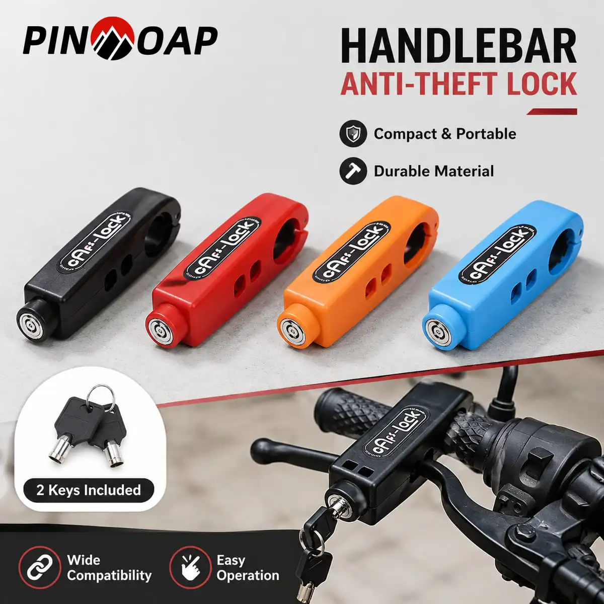 PINMOAP 1PC 핸들바 도난 방지 잠금장치 - 오토바이, 전기자전거, 스쿠터용 그립 브레이크 컴팩트하고 내구성이 뛰어난 안전한 핸들 마운트 액세서리