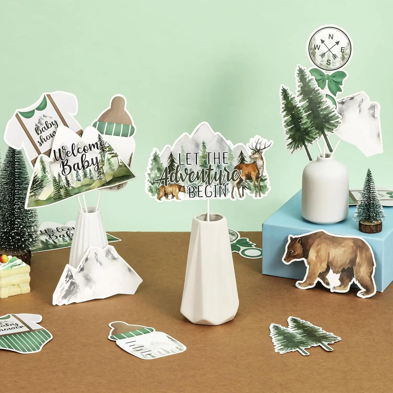 24Set Adventure Baby Shower Centerpiece Sticks Let the Adventure Begin Table Decor Woodland Forest Mountain Party Supplies