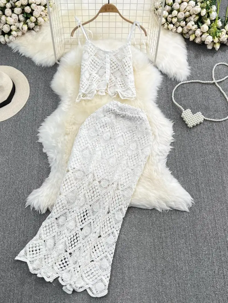 Women White High Waist Two-Piece Dress Set Slimming Crochet Adjusted-Strap Spaghetti Strap Top And Back Split Skirts 2023 Autumn