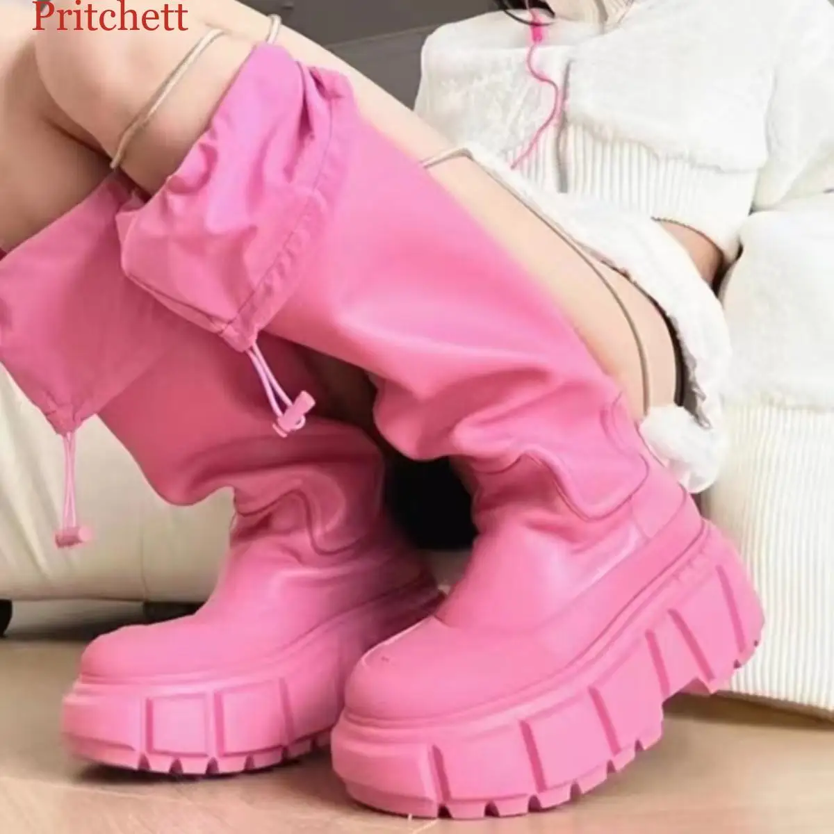 

Platform Elastic Band Knee High Boots Round Toe Thick Soled Slip On Solid Pink Shoes Winter Keep Warm Comfortable Boots