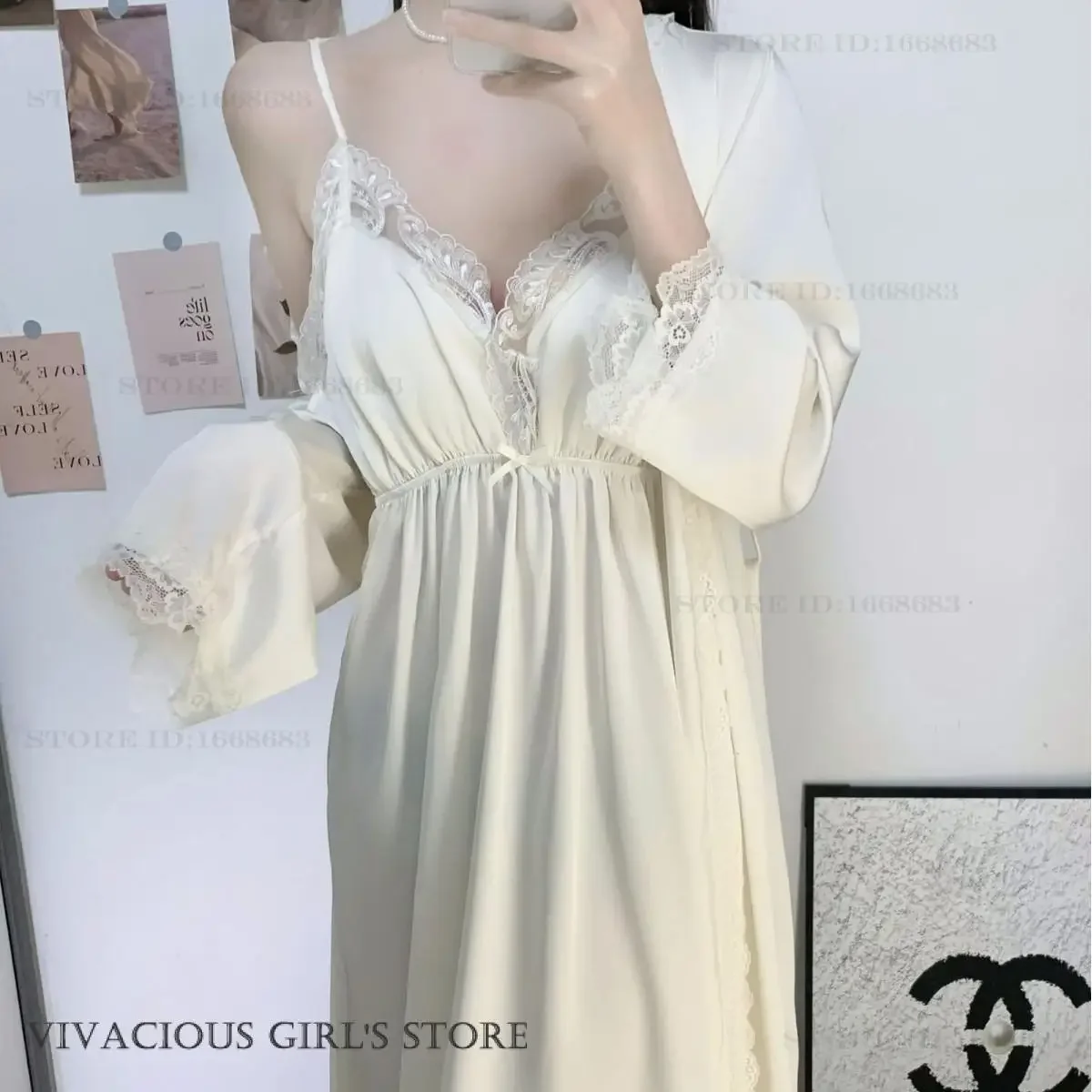

Female Nighty&Robe Set Kimono Bathrobe Gown Summer New Sleepwear Loungewear Sexy Lace Backless Nightgown Lingerie Home Dress