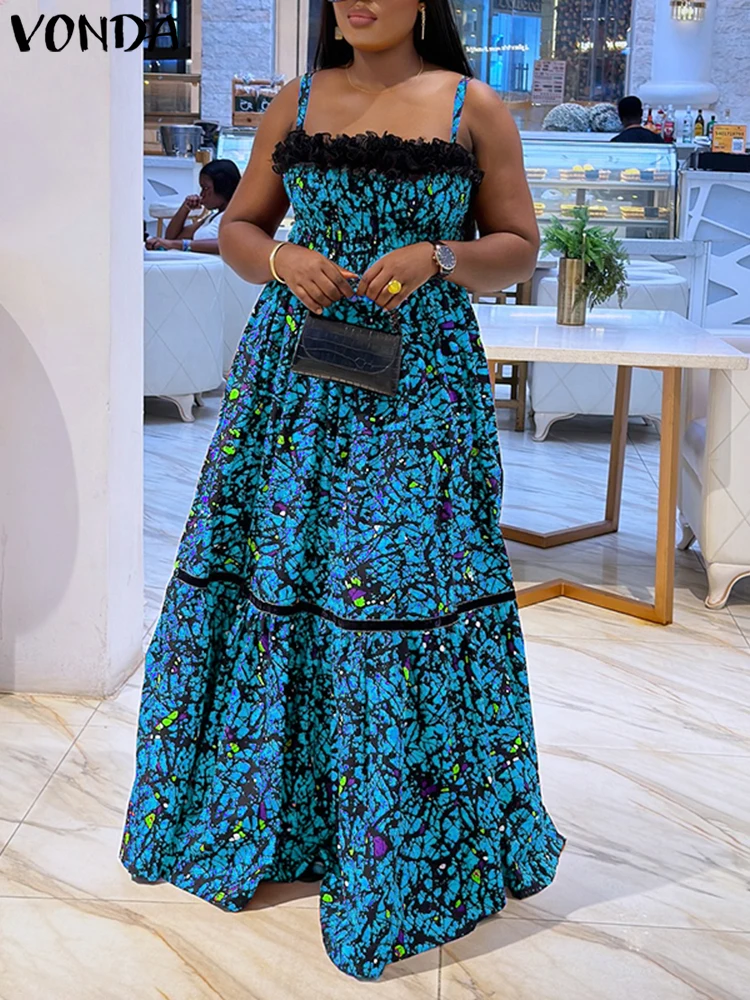 Plus Size 5XL VONDA Women Summer Evening Dress Sexy Lace Patchwork Sundress Printed Strap Party Vestidos 2025 VONDA A-Line Robe