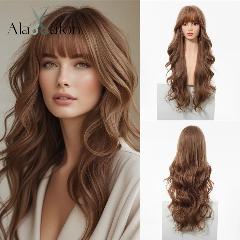 

ALAN EATON Brown Long Synthetic Wigs with Bangs Natural Layered Wavy Wig for Women Realistic Daily Party Hair High Temperature