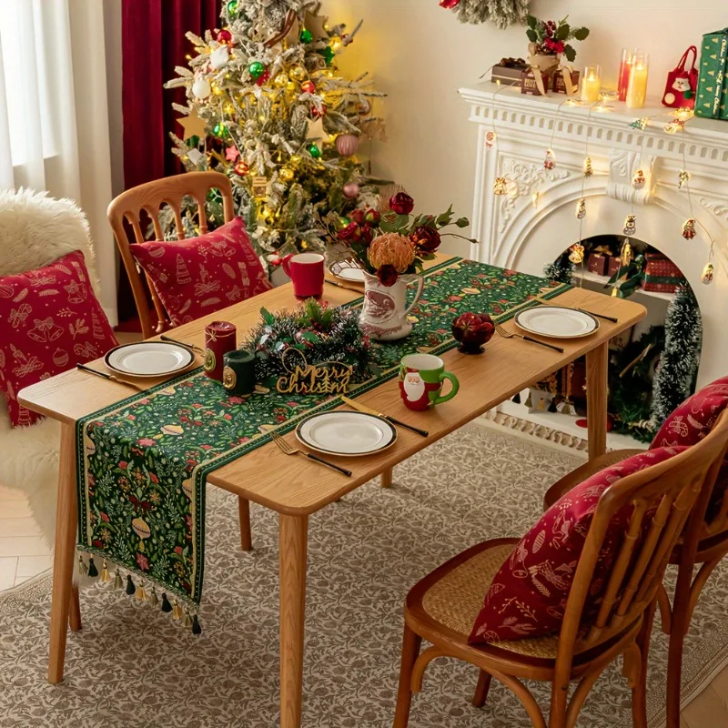 

Christmas Table Runner with Tassels Woven Polyester Blend Rectangular Festive Plant & Flower Pattern Holiday Party Dining Decor