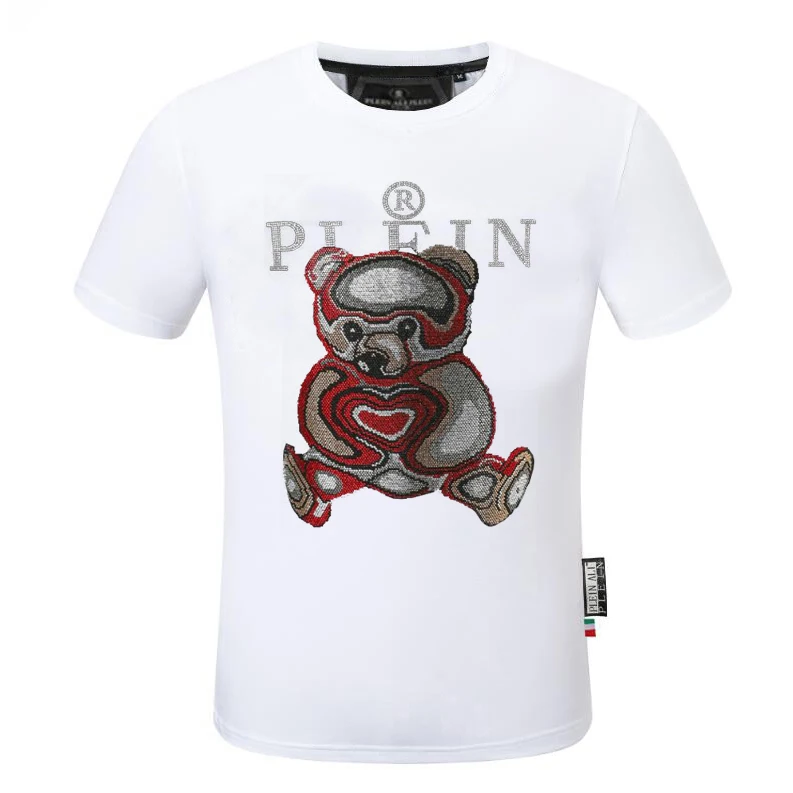 Plein ali brand Top Brand Letter Rhinestones T-shirt Summer Cotton Short Sleeve Tee Men's  Fashion Round Neck Top  Clothing