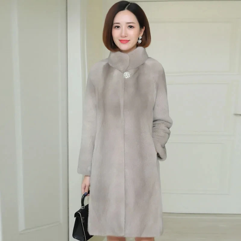 

2024 Autumn Winter New Imitation Fur Jackets Long Stand Collar Plus Cotton Loose High Quality Large Size Faux Fur Overcoat