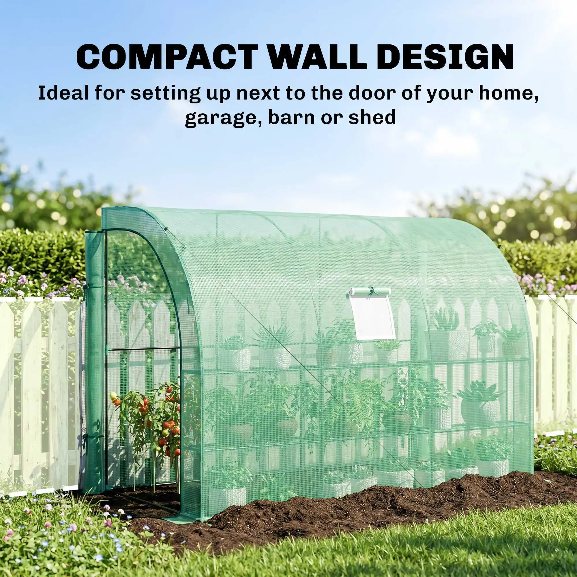 Walk-In Lean to Wall Greenhouse with Windows and Doors 300L X 150W X 213Hcm
