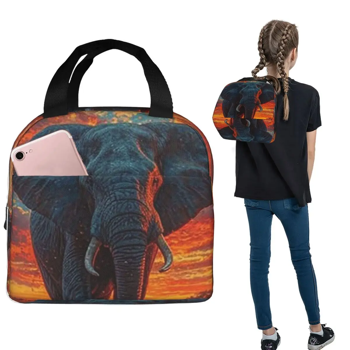 Elephant In The Field Insulated Lunch Bag for Women Children Portable Food Boxes Thermal Lunch Box Tote