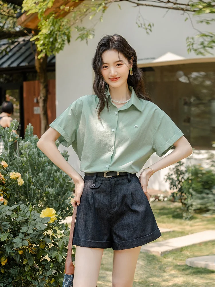 

Женская повседневная блузка с воротником и коротким рукавом для работы, весна-лето, белая, синяя, красная, из смесового хлопка, в стиле кэжуал-шик