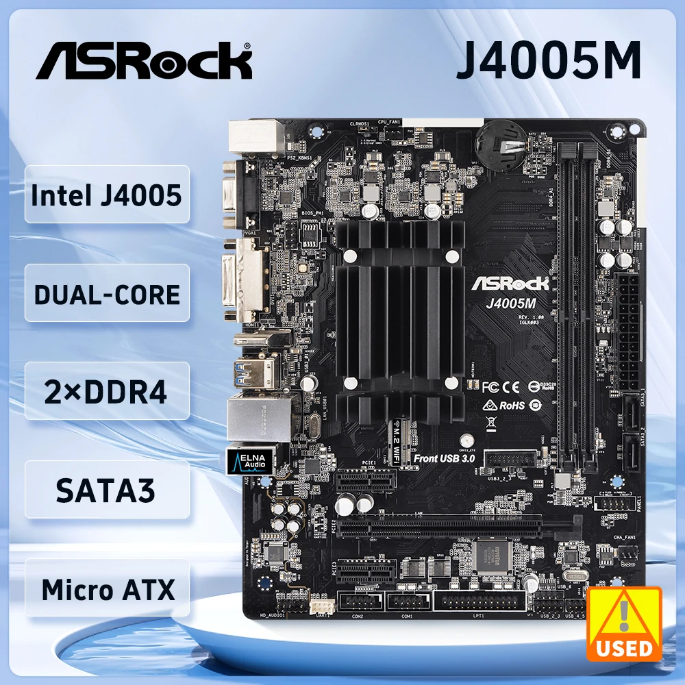 

Материнская плата ASRock J4005M, двухъядерный процессор Intel J4005 2xDDR4 8 Гб M.2 USB 3,1 Micro ATX