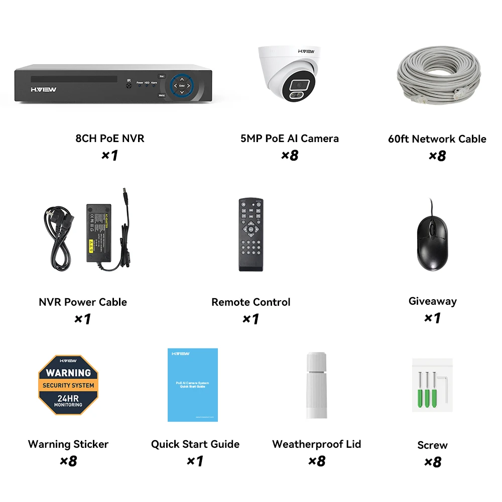 H.View 8-Kanal 5MP Videoüberwachungsset Heim-CCTV-Sicherheitskamerasystem KI-Gesichtserkennung Audio-Dome-IP-Kamera POE XMEYE App