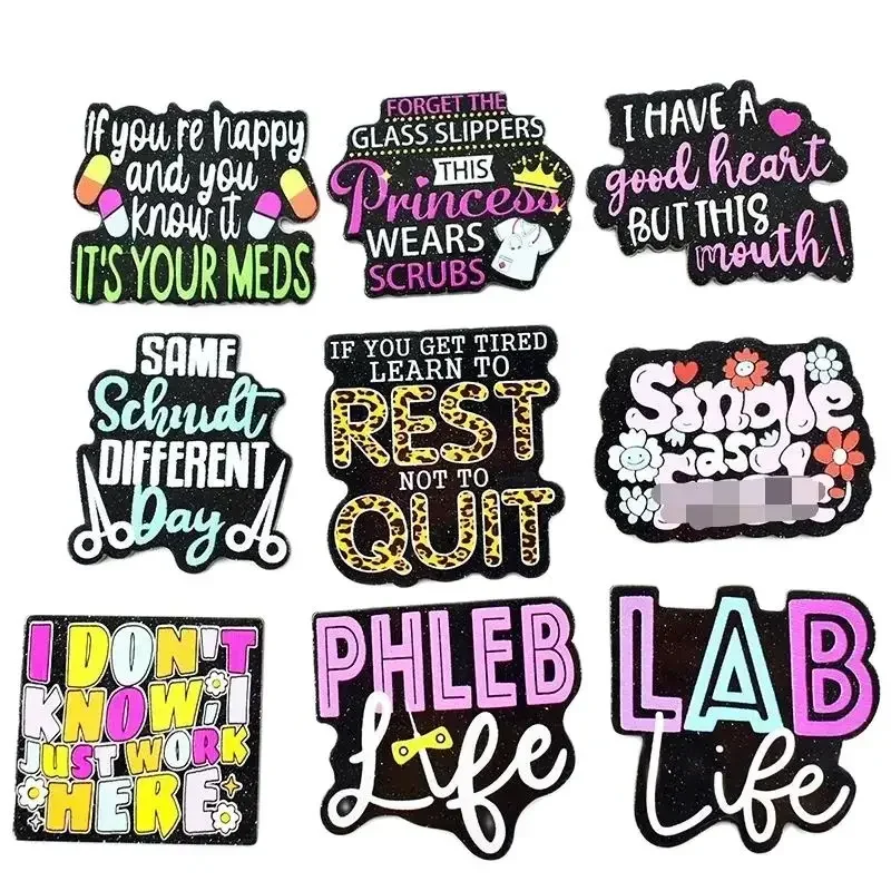 10PCS Phleb Rest Quit Princess Glitter Acrylic Charms Pendant Fit DIY ID Card Badge Holder Jewelry Making Doctor Nurse Gift