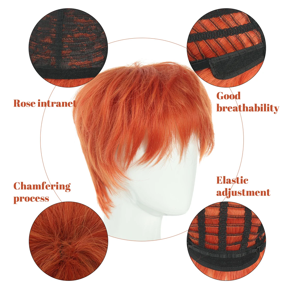 Peruca sintética laranja masculina de 8 polegadas, cabelo curto e liso, estilo coreano, resistente ao calor, peruca bonita