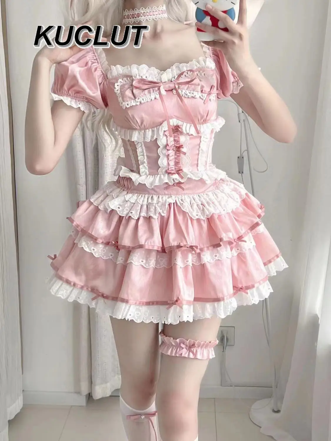 

Lolita Girls Original Mines Short-sleeved Shirt High Waist Pleated Short Skirt Set Summer New Tight Ruffle Splicing Skirt Suit
