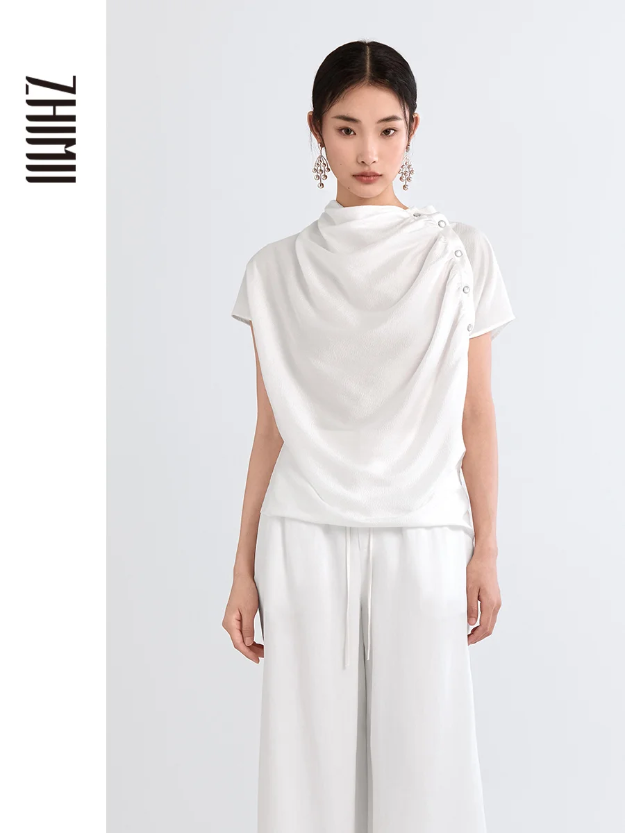 

Женская повседневная рубашка Zhimii из китайского шелка с асимметричным воротником-стойкой, коротким рукавом, простого прямого кроя, белая
