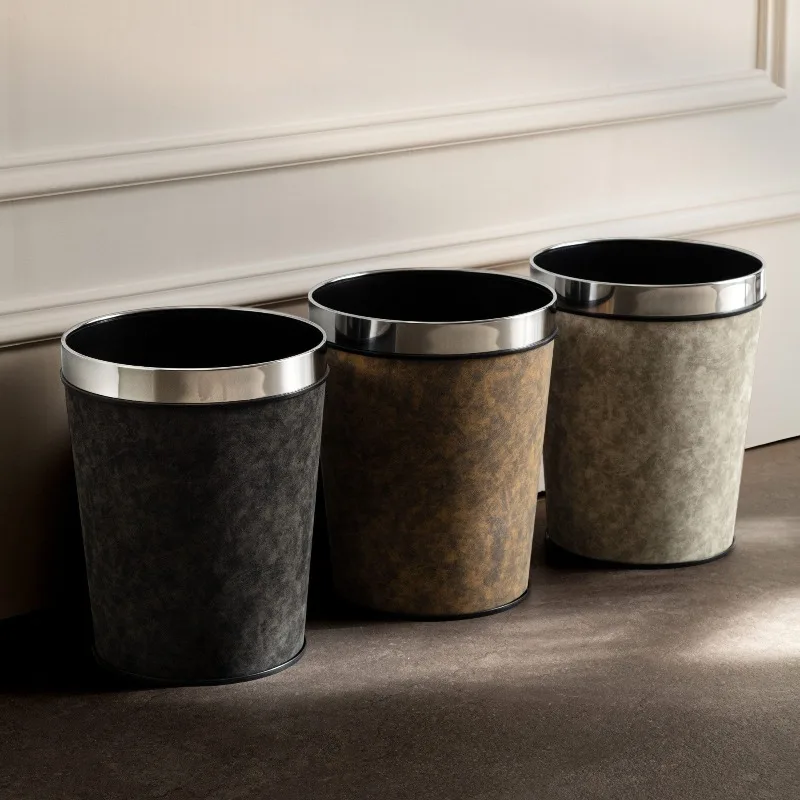 Modern Leather Trash Can Kitchen Trash Cans Luxury Bathroom Litter Bins Round Large Capacity Office Dustbin Domestic Cleaning