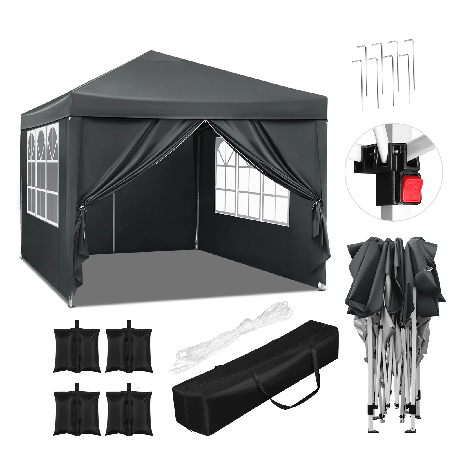 WOLTU 3x3m Faltbares Gartenpavillon mit Tragetasche, 4 Seitenwänden, 4 Sandsäcken, wasserdicht, UV-Schutz, höhenverstellbar, Pop-Up-Partyzelt für draußen
