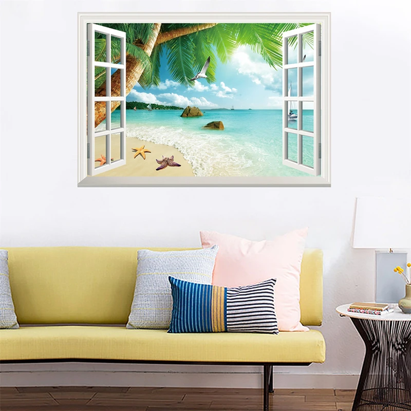 Sea View Mural Living Room Decorations 3D Wall Art Beach Palm Tree Vinyl Fake Window Stickers Starfish Seabirds Poster Wallpaper