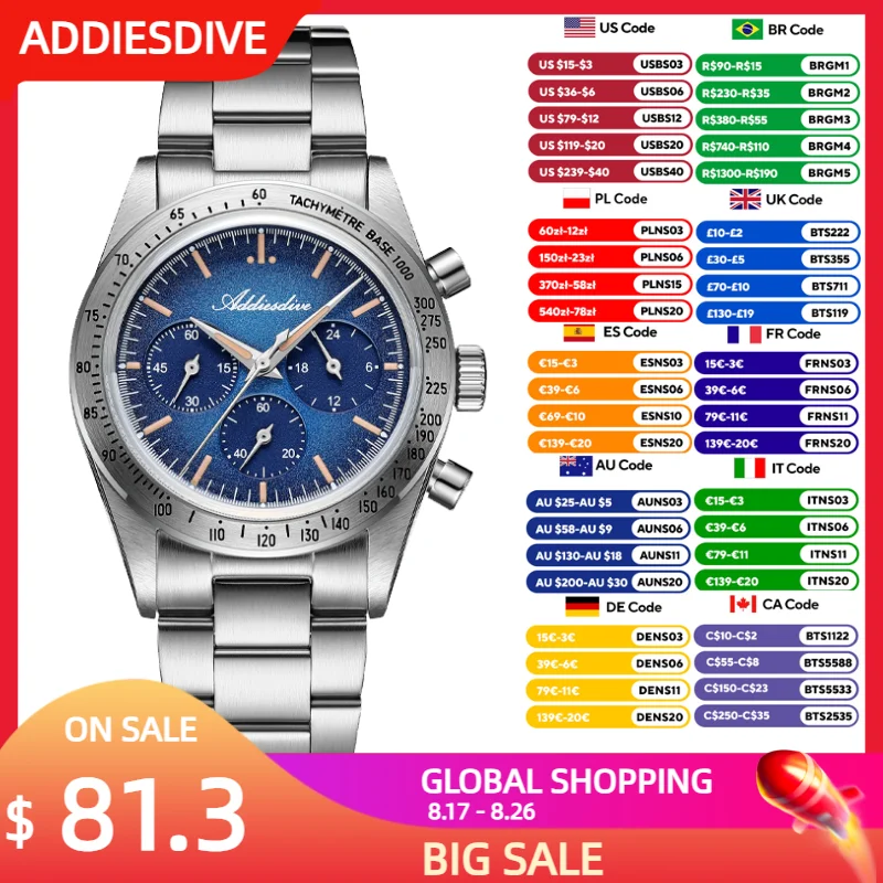 Luxury Watch Second Hand - ADDIESDIVE New Men Watches Chronograph Domed