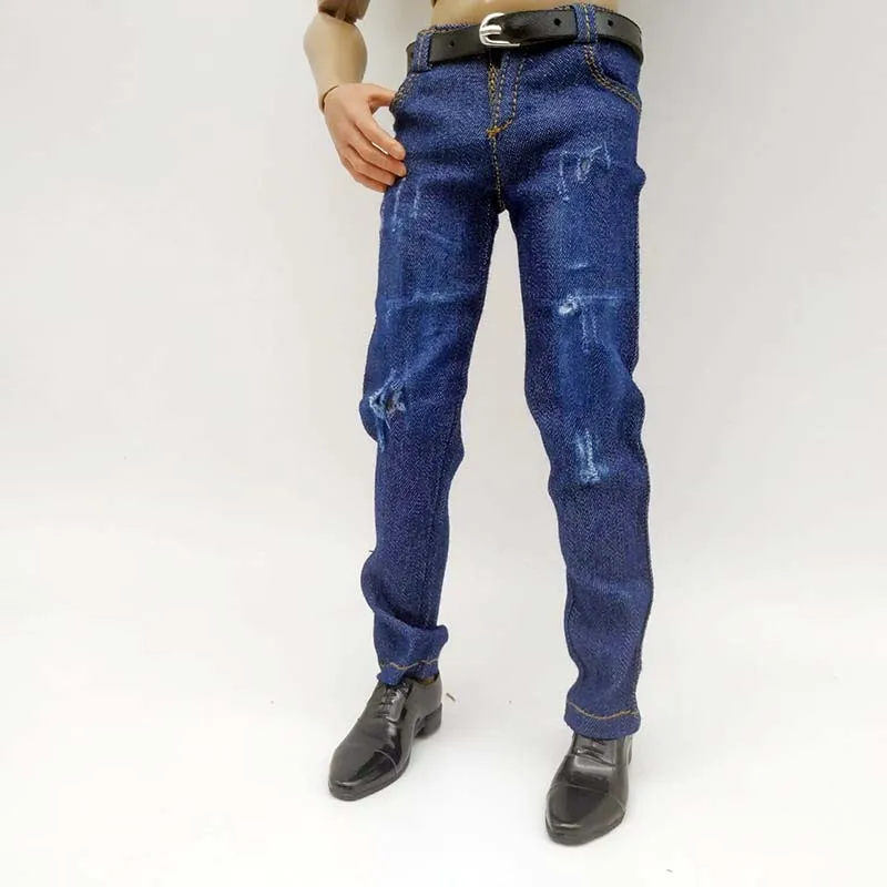 Dark Blue 1/6 Scale Male Soldier Slimming Ripped Jeans with Black Belt Model Set for 12in PH Action Figure 30cm Doll Toys