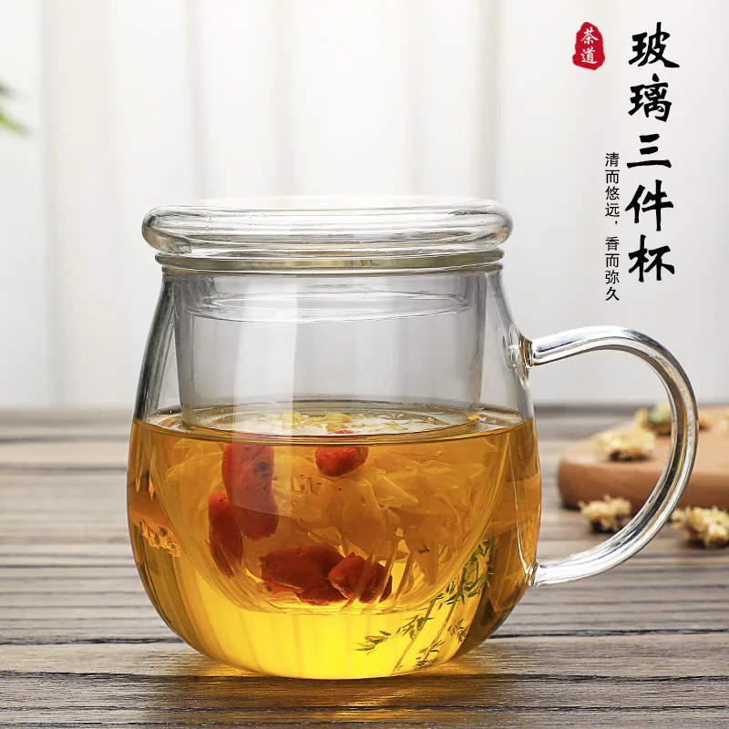 Heat-Resistant Thickened Flower Cup, Three-Piece Tea Brewing Filter, Glass Water Cup With Lid, Direct Supply From Manufacturer,