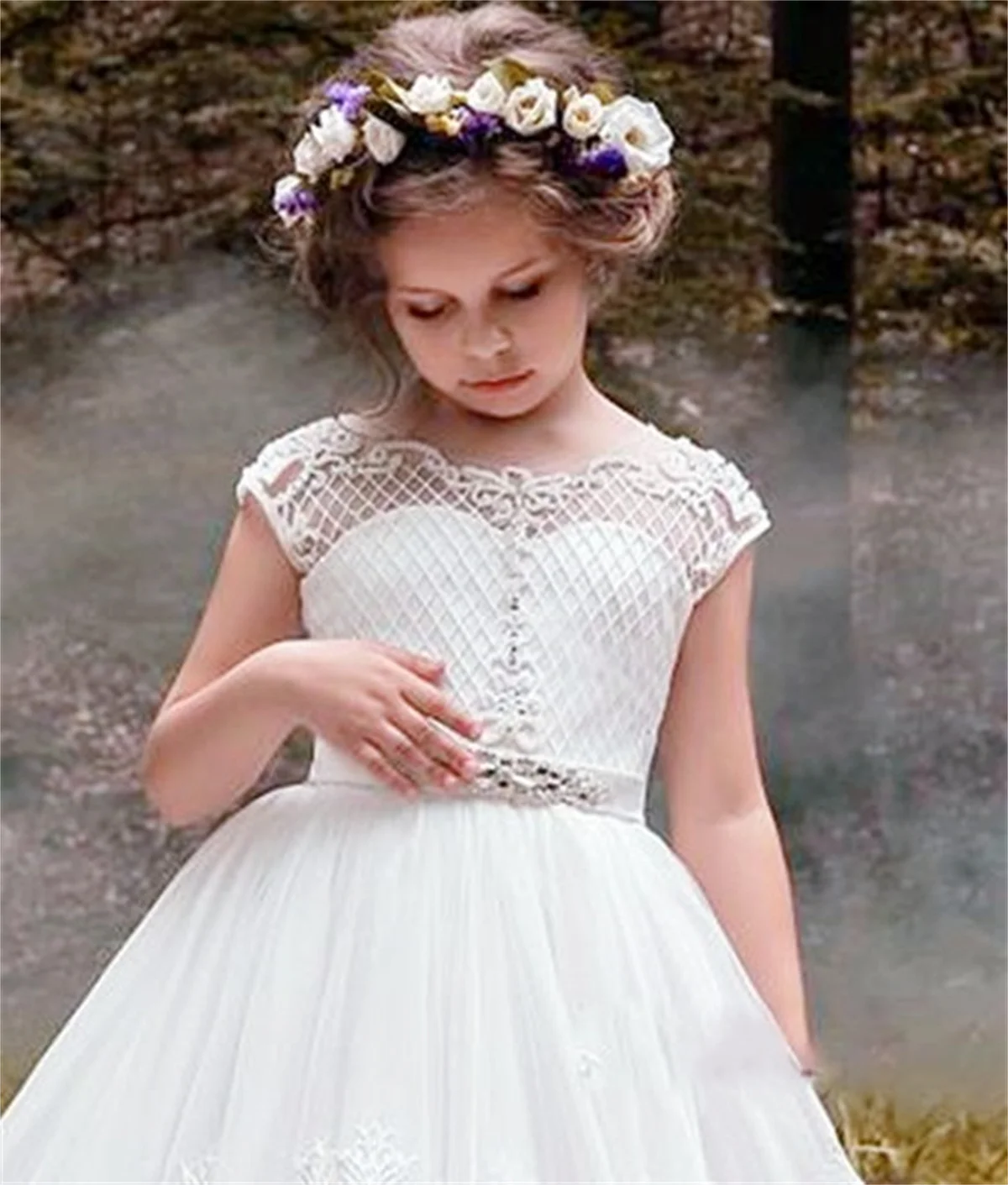 

White Tulle Lace Applique Beaded Flower Princess Dress Elegant Wedding Bridesmaid Birthday Party Eucharist Custom Dress