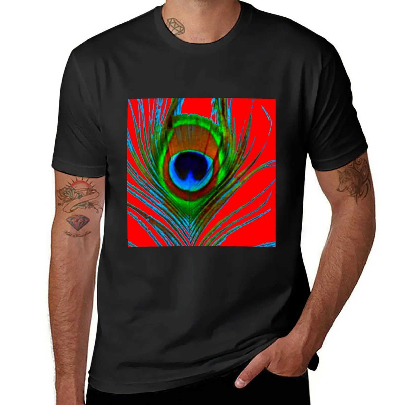 DECORATIVEBLUE & GREEN PEACOCK FEATHER RED ART T-Shirt cute tops tees heavyweights mens clothes