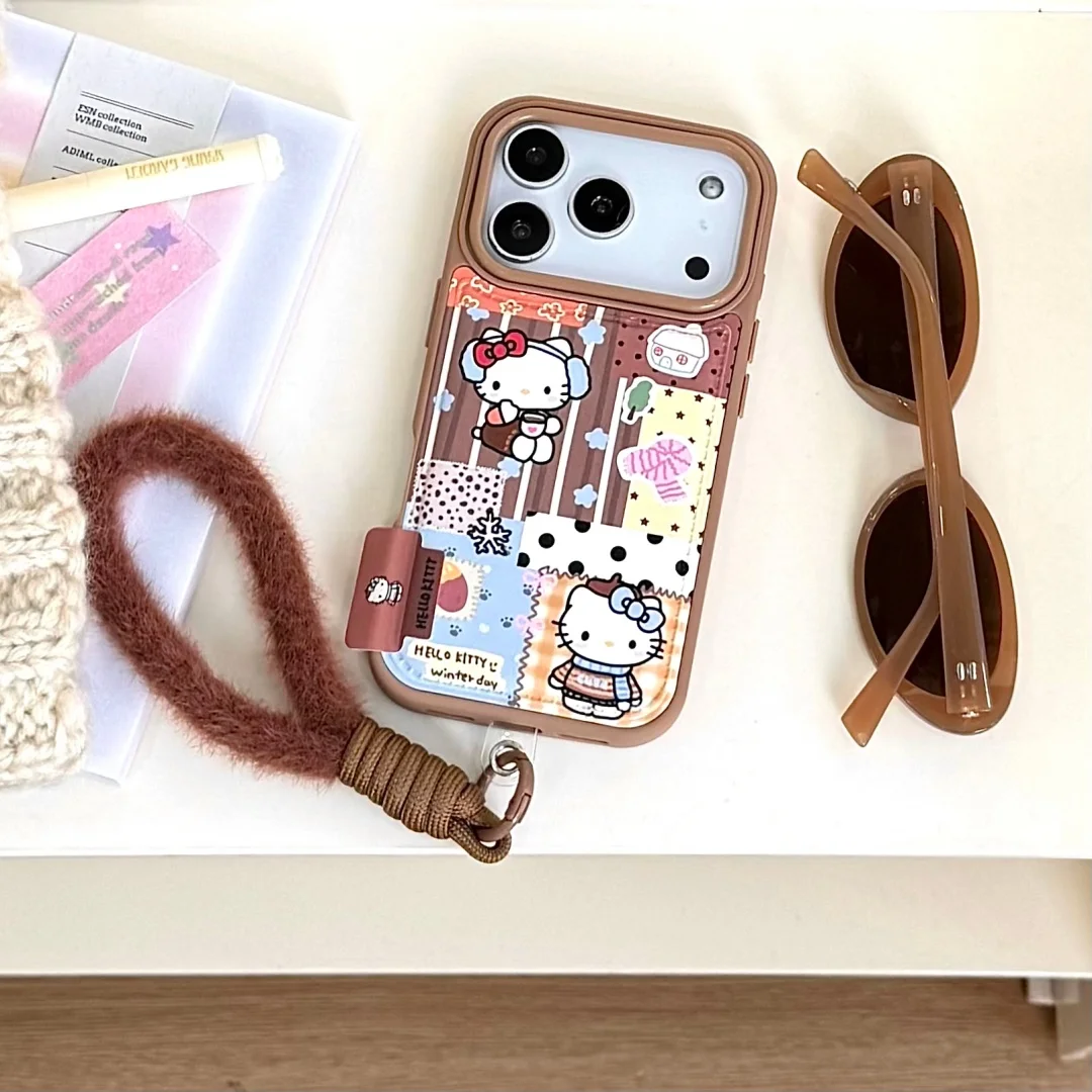 لطيف الكرتون INS سانريو مرحبا كيتي براون جراب هاتف آيفون 17 16 15 14 برو ماكس 13 أفخم معصمه مكافحة فقدان غطاء #1