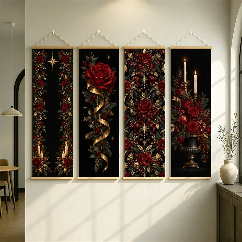 Red Roses Hanging Scroll with Golden Flourishes and Candle Motifs on Black in a Dramatic Botanical Style for a Living Room
