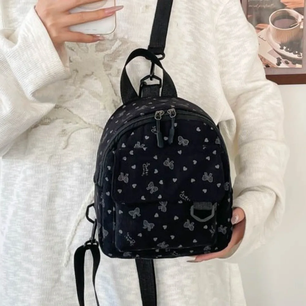 Fashion Sweet Corduroy Mini Backpack Heart Bow Print Multi-compartment Shoulder Bag Zippered Opening Lightweight Rucksack Daily