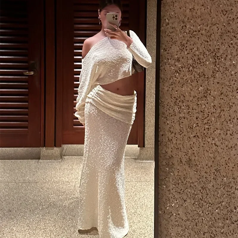 محبوك تنورة مجموعة المرأة الصيف خارج الكتف كم طويل اقتصاص أعلى سليم انظر من خلال مطوي تنورة الإناث تنورة مجموعة #3