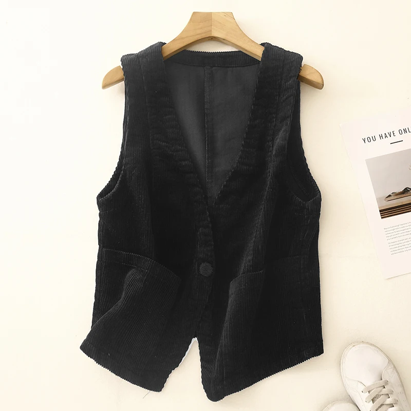 Spring Autumn Black Coffee Khaki Corduroy Vest Women Vintage V-neck Sleeveless Suit Jacket Coat Elegant Lady Waistcoat Cover Ups