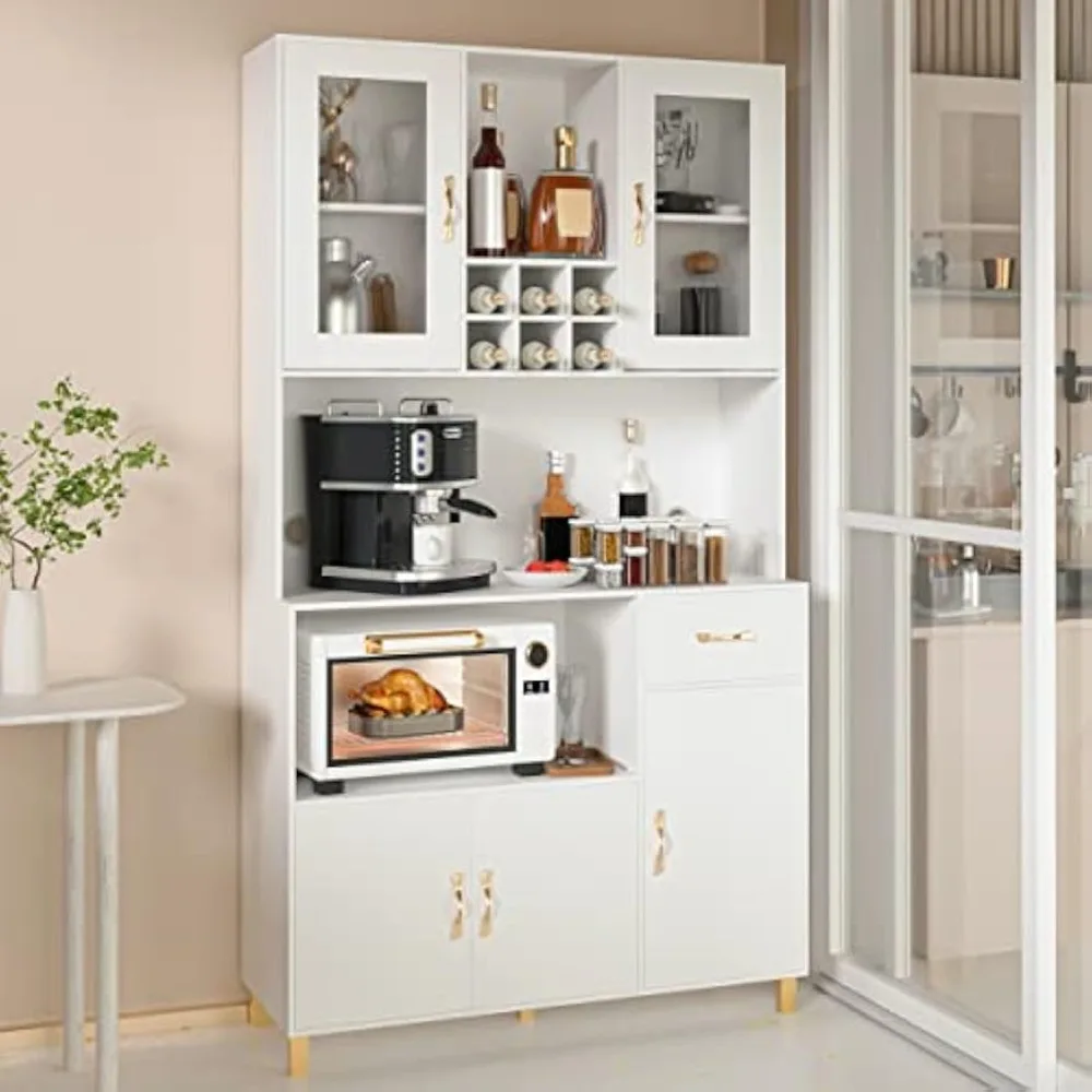 

Kitchen Pantry Storage Cabinet,Modern Freestanding Pantry Cabinet with Tempered Glass Doors,Microwave Space & Drawer for Kitchen