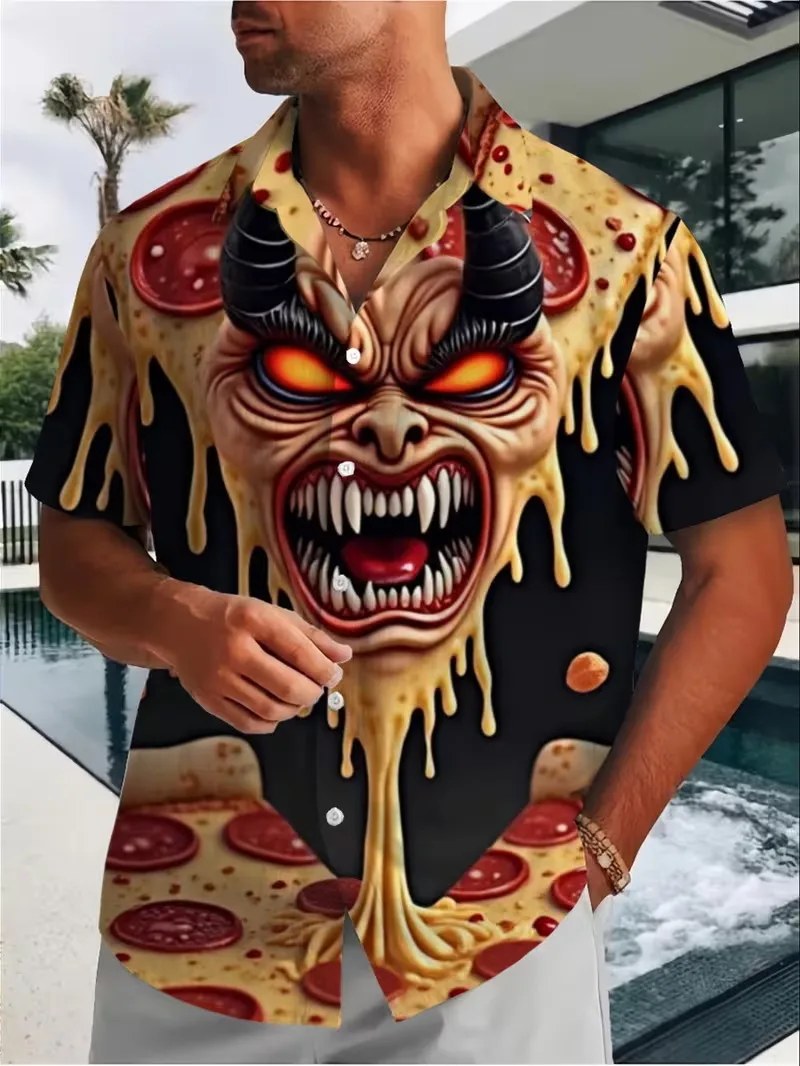 

Men's Pepperoni Pizza Print Hawaiian Shirt Delicious Pizza Graphic Short Sleeve Button Down Aloha Shirt Food Lover Beach Shirt