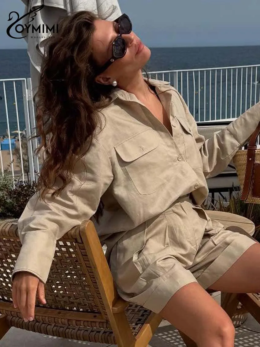 Oymimi-Conjunto informal de dos piezas de algodón caqui para mujer, camisas con botones y bolsillos de manga larga a la moda, conjuntos de pantalones cortos con cremallera de cintura alta