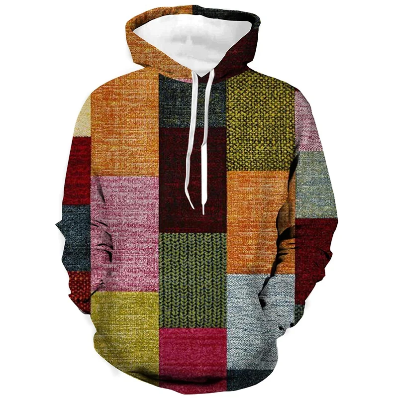 New Geometric Pattern Hoodies Color Block Plaid 3D Print Man Women Vintage Hoodie Oversized Pullovers Sweatshirts Kids Clothing