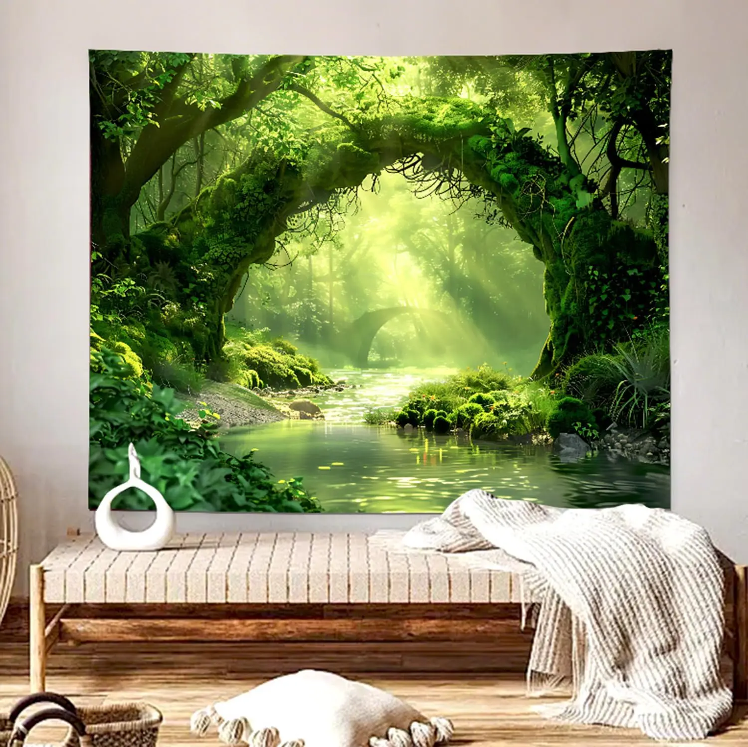 Enchanted Forest River Tapestry, Green Jungle Tree Arch Wall Hanging, Fairy Tale Nature Tapestry for Home Bedroom Dorm Decor