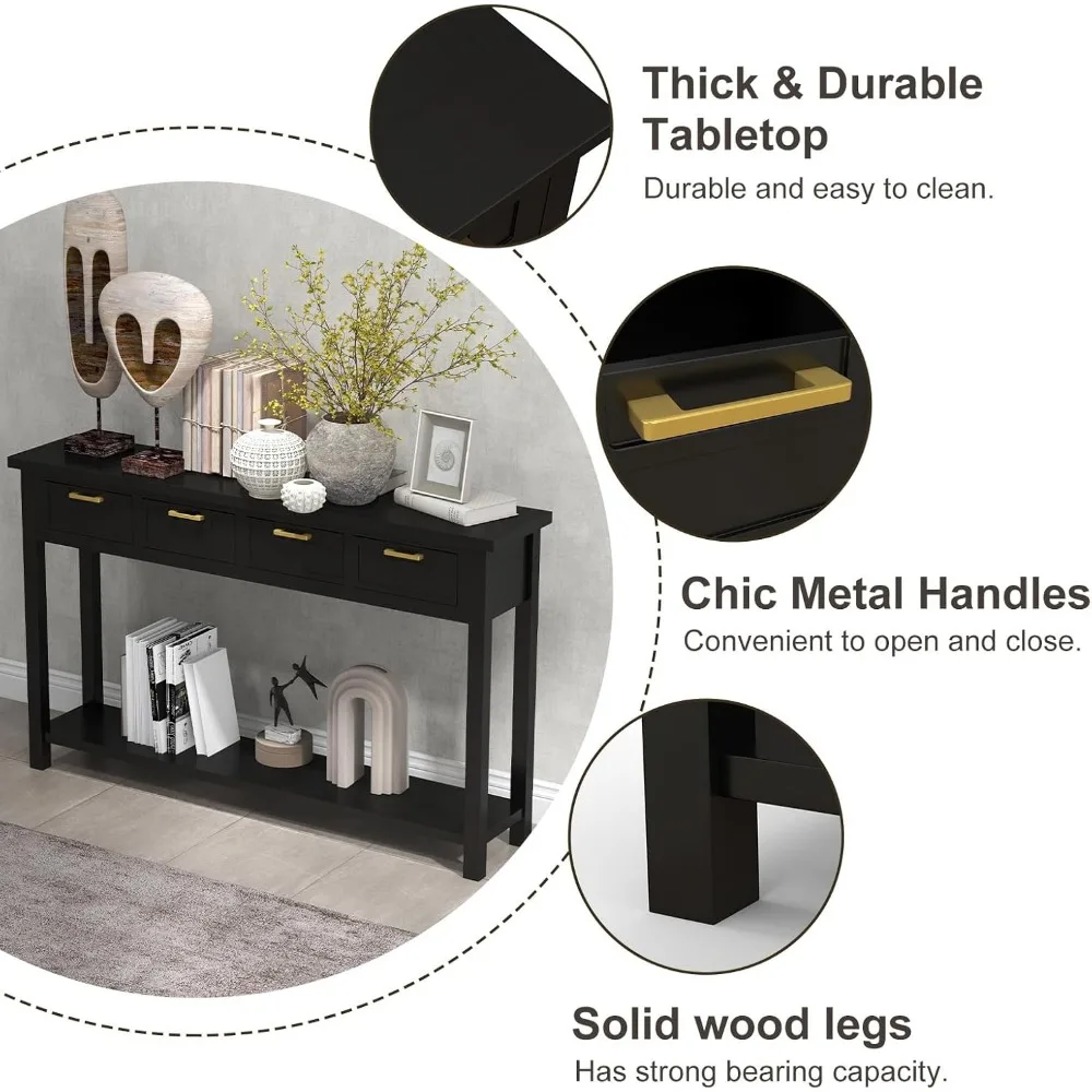Solid Wood Console Table - Entryway Table with 4 Drawers and a Bottom Storage Shelf, 60 Inch Narrow Long Sofa Table for Living