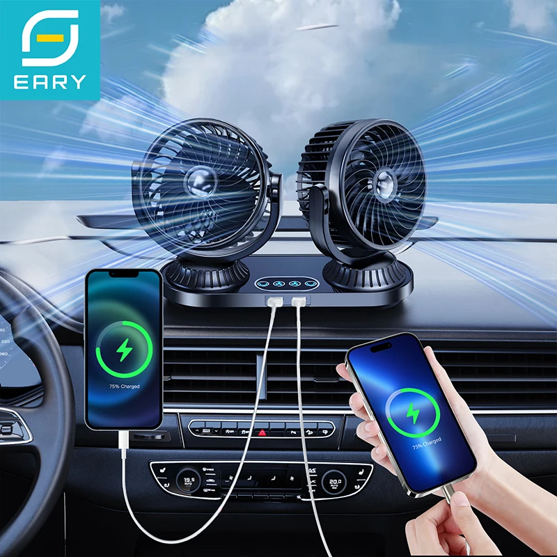 

Eary Car Dual Head Fan Mount For Dashboard 12/24V Portable Auto Cooling Fan 360° Rotatable 3 Speeds Vehicle Fan With 2 USB Ports