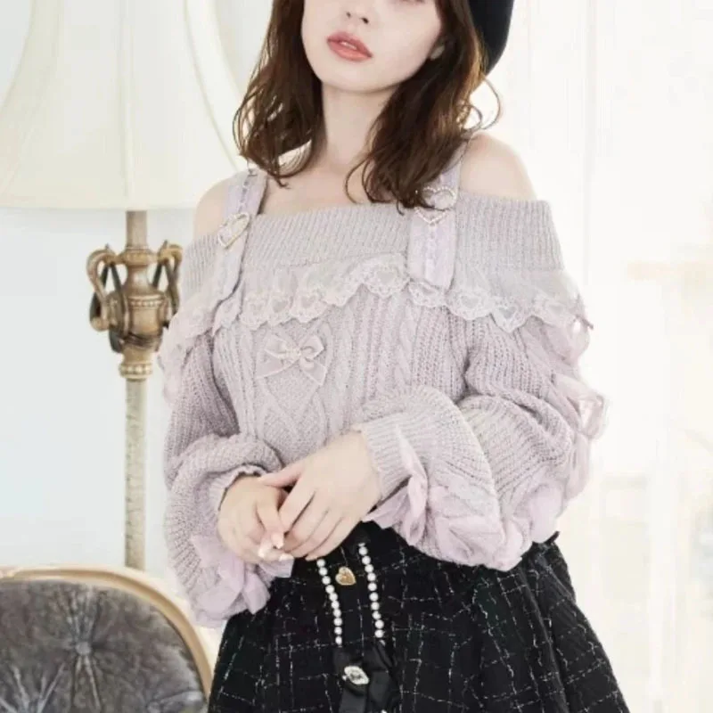 Lolita Pullover lavorato a maglia carino dolce fiocco con spalle scoperte maglieria top ragazze primavera autunno Kawaii rosa elegante maglione a