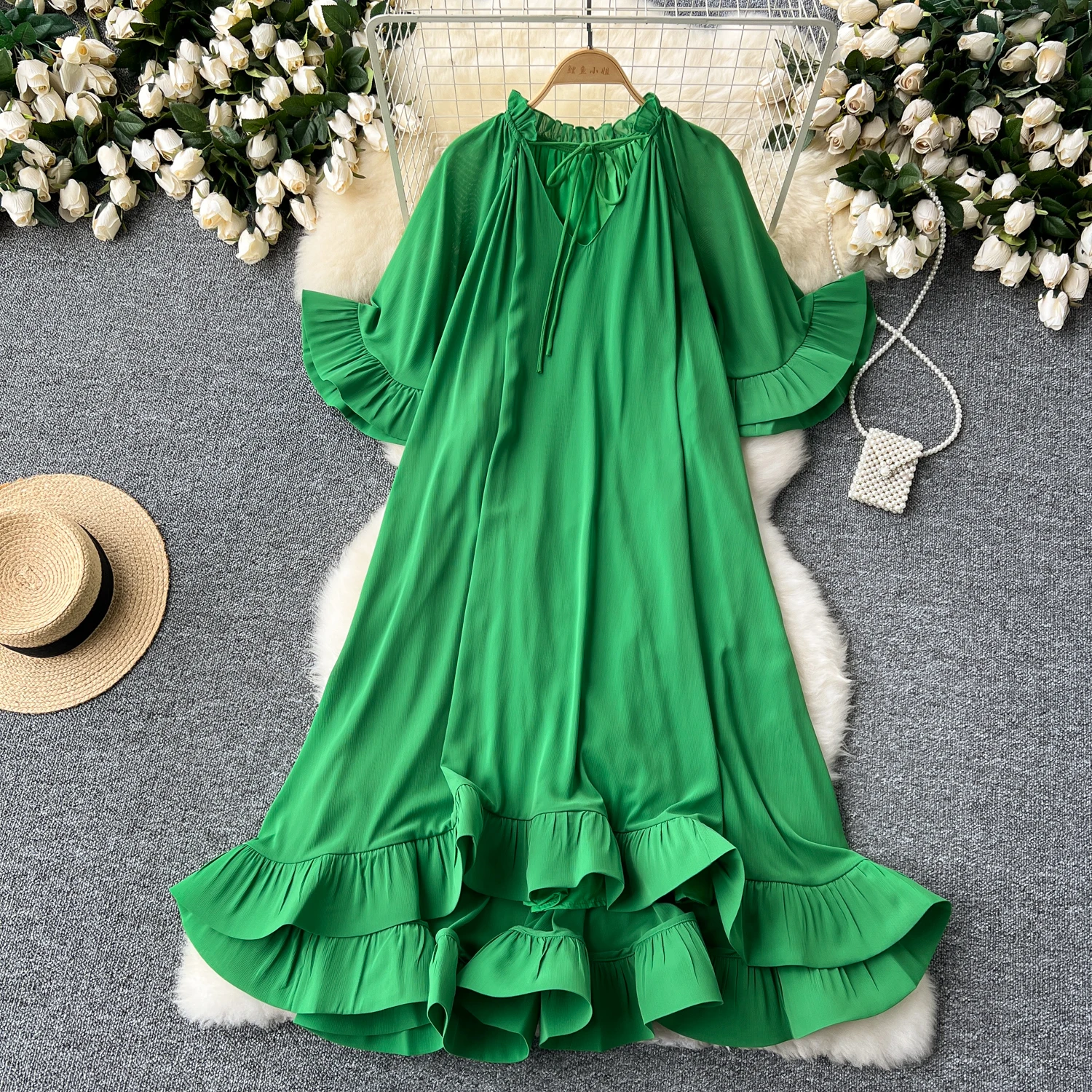 

APHALMODA 2024 New Frill Sleeve Loosed Ruffle Fashion Dress Women Holiday Vintage Dress Party Elegant Outfit
