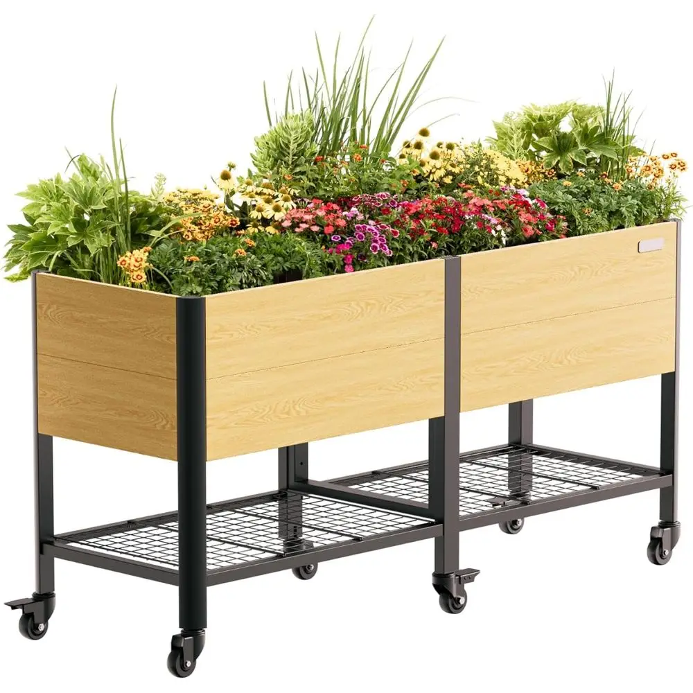 

Woodgrain Metal Elevated Garden Bed, 2' x 6' Outdoor Planters with Legs & Storage, Holds 1400 lbs for Herbs, Vegetables